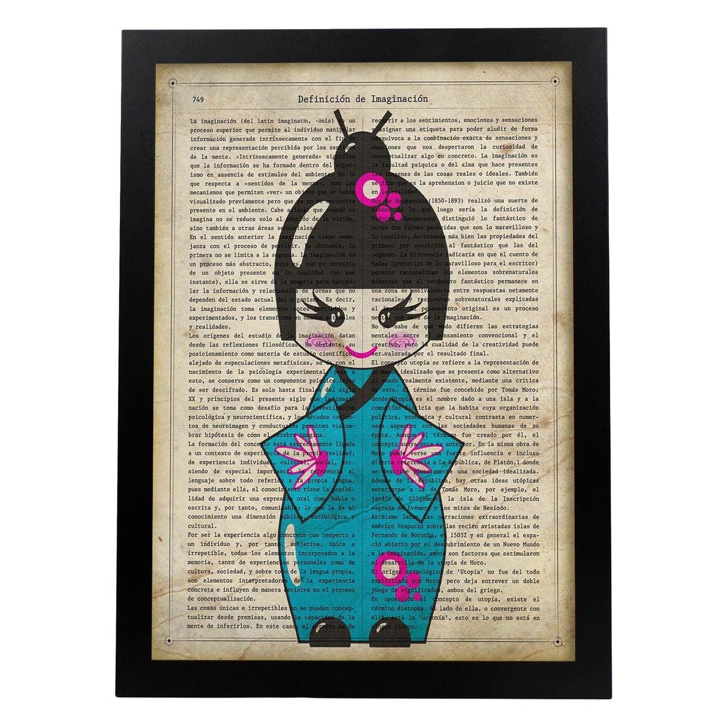 Poster de Japonesa kimono azul. Láminas de geishas. Diseños japoneses con definiciones de la cultura japonesa.-Artwork-Nacnic-A4-Marco Negro-Nacnic Estudio SL