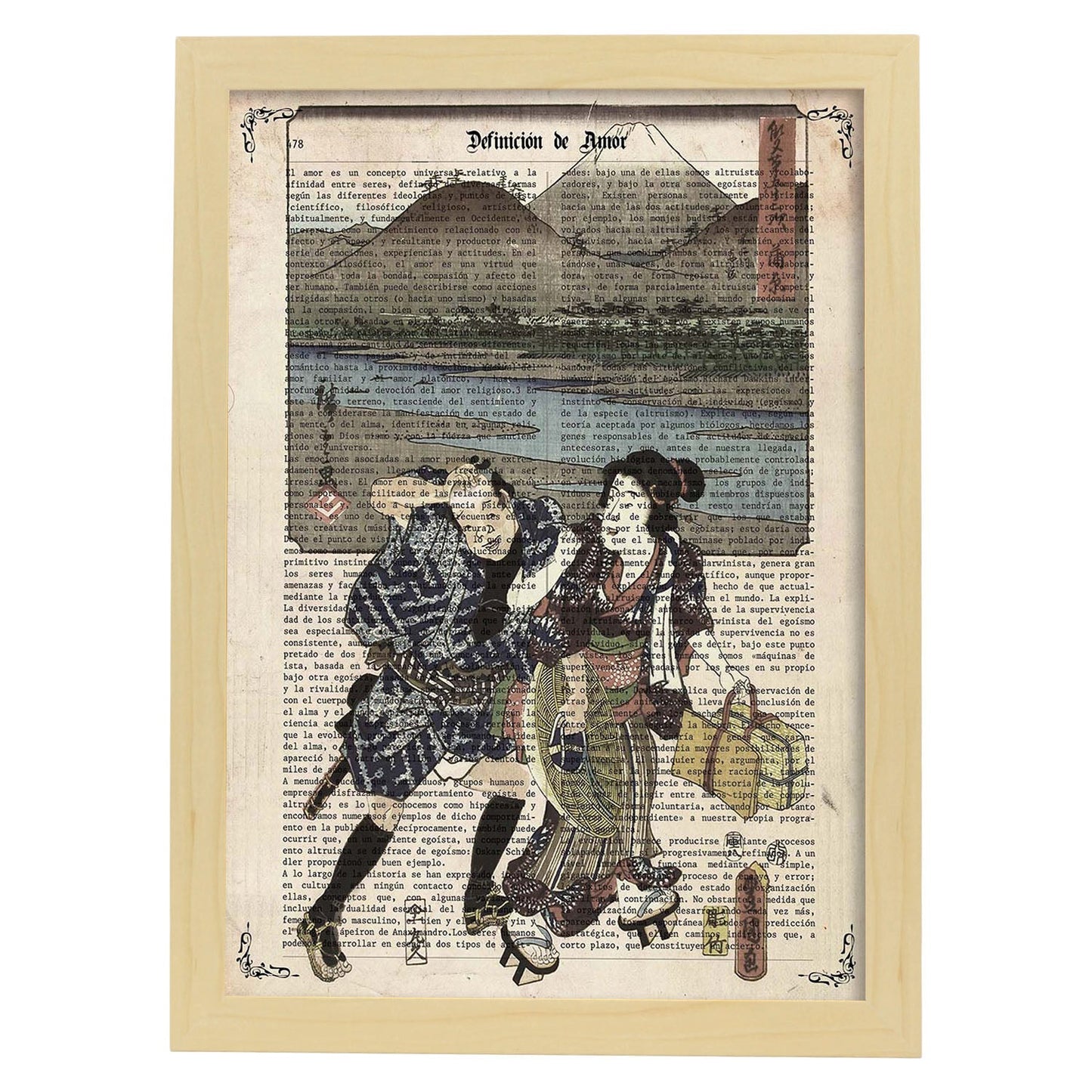 Poster de Japoneses en el lago. Láminas de geishas. Diseños japoneses con definiciones de la cultura japonesa.-Artwork-Nacnic-A3-Marco Madera clara-Nacnic Estudio SL