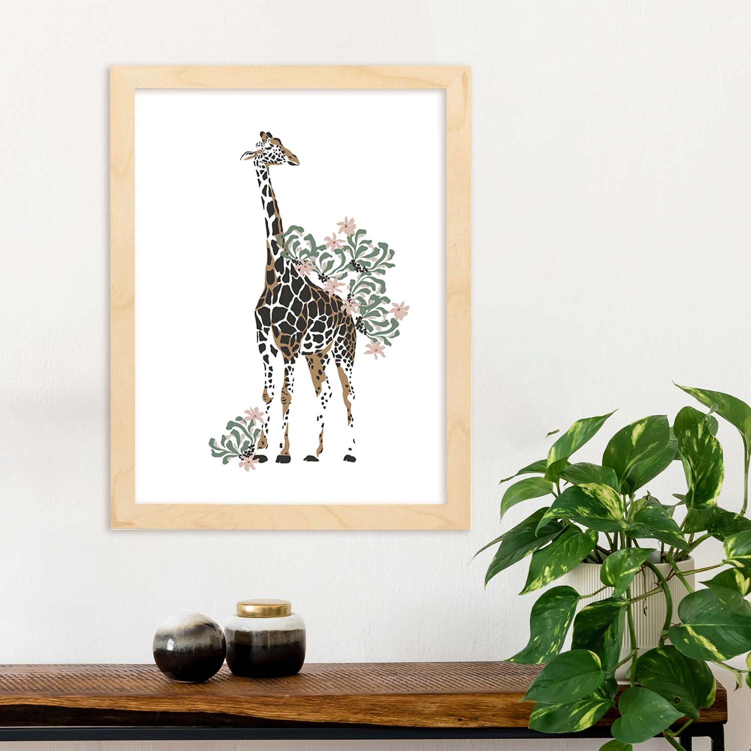 Poster de Jirafa. Lámina de animal de la jungla con flores y vegetación.-Artwork-Nacnic-Nacnic Estudio SL