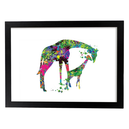 Poster de Jirafas en familia estilo acuarela. Mix de láminas con estilo acuarela-Artwork-Nacnic-A4-Marco Negro-Nacnic Estudio SL