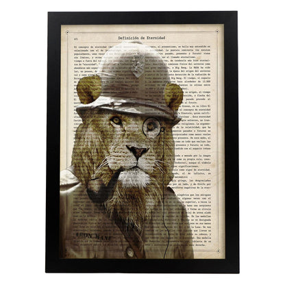 Poster de Leon de safari. Láminas de animales con definiciones. Ilustraciones de animales con textos.-Artwork-Nacnic-A4-Marco Negro-Nacnic Estudio SL