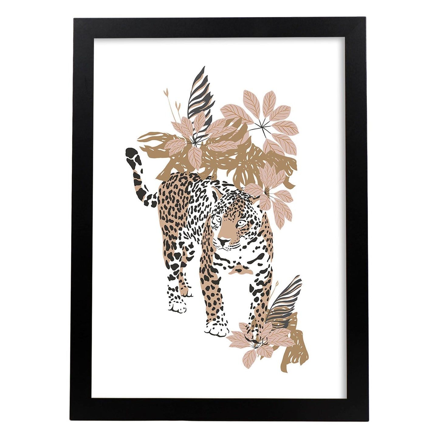 Poster de Leopardo. Lámina de animal de la jungla con flores y vegetación.-Artwork-Nacnic-A3-Marco Negro-Nacnic Estudio SL
