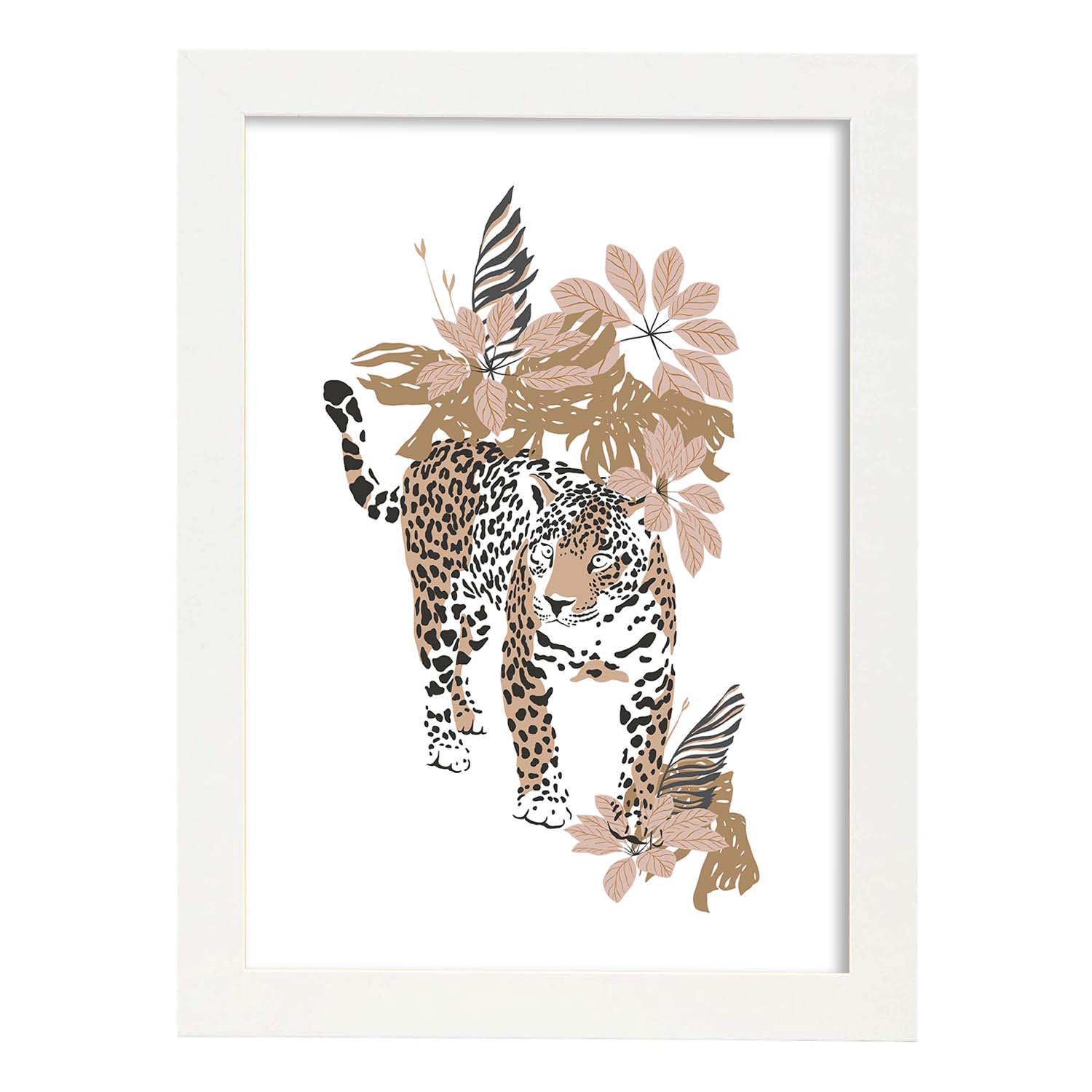 Poster de Leopardo. Lámina de animal de la jungla con flores y vegetación.-Artwork-Nacnic-A4-Marco Blanco-Nacnic Estudio SL