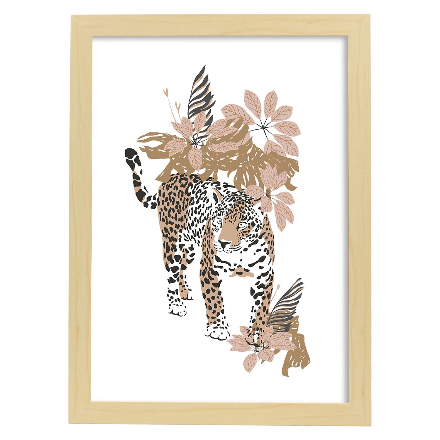 Poster de Leopardo. Lámina de animal de la jungla con flores y vegetación.-Artwork-Nacnic-A4-Marco Madera clara-Nacnic Estudio SL
