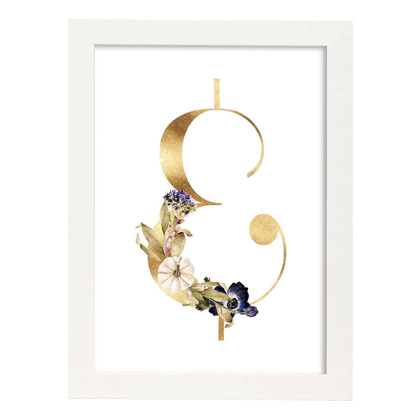 Poster de letra &. Lámina estilo Dorado Floral con imágenes del alfabeto.-Artwork-Nacnic-A3-Marco Blanco-Nacnic Estudio SL