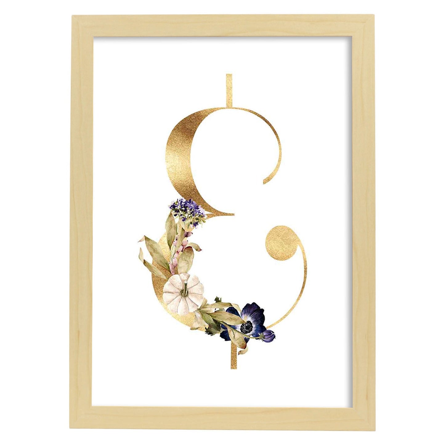 Poster de letra &. Lámina estilo Dorado Floral con imágenes del alfabeto.-Artwork-Nacnic-A3-Marco Madera clara-Nacnic Estudio SL