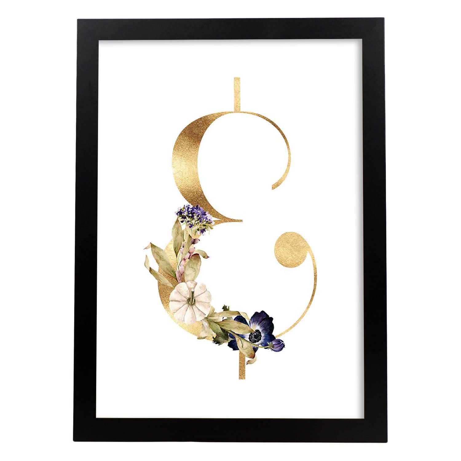 Poster de letra &. Lámina estilo Dorado Floral con imágenes del alfabeto.-Artwork-Nacnic-A3-Marco Negro-Nacnic Estudio SL