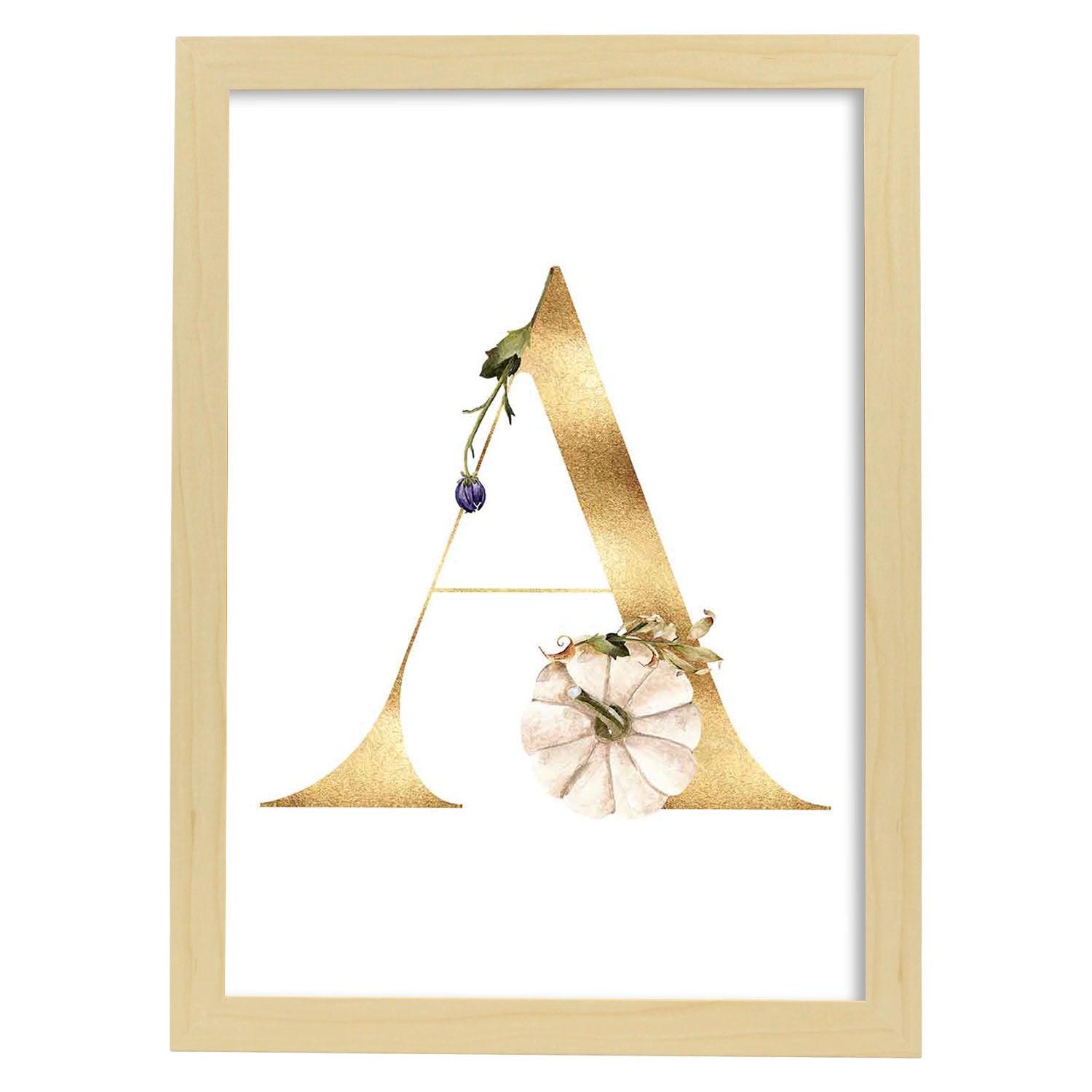 Poster de letra A. Lámina estilo Dorado Floral con imágenes del alfabeto.-Artwork-Nacnic-A3-Marco Madera clara-Nacnic Estudio SL