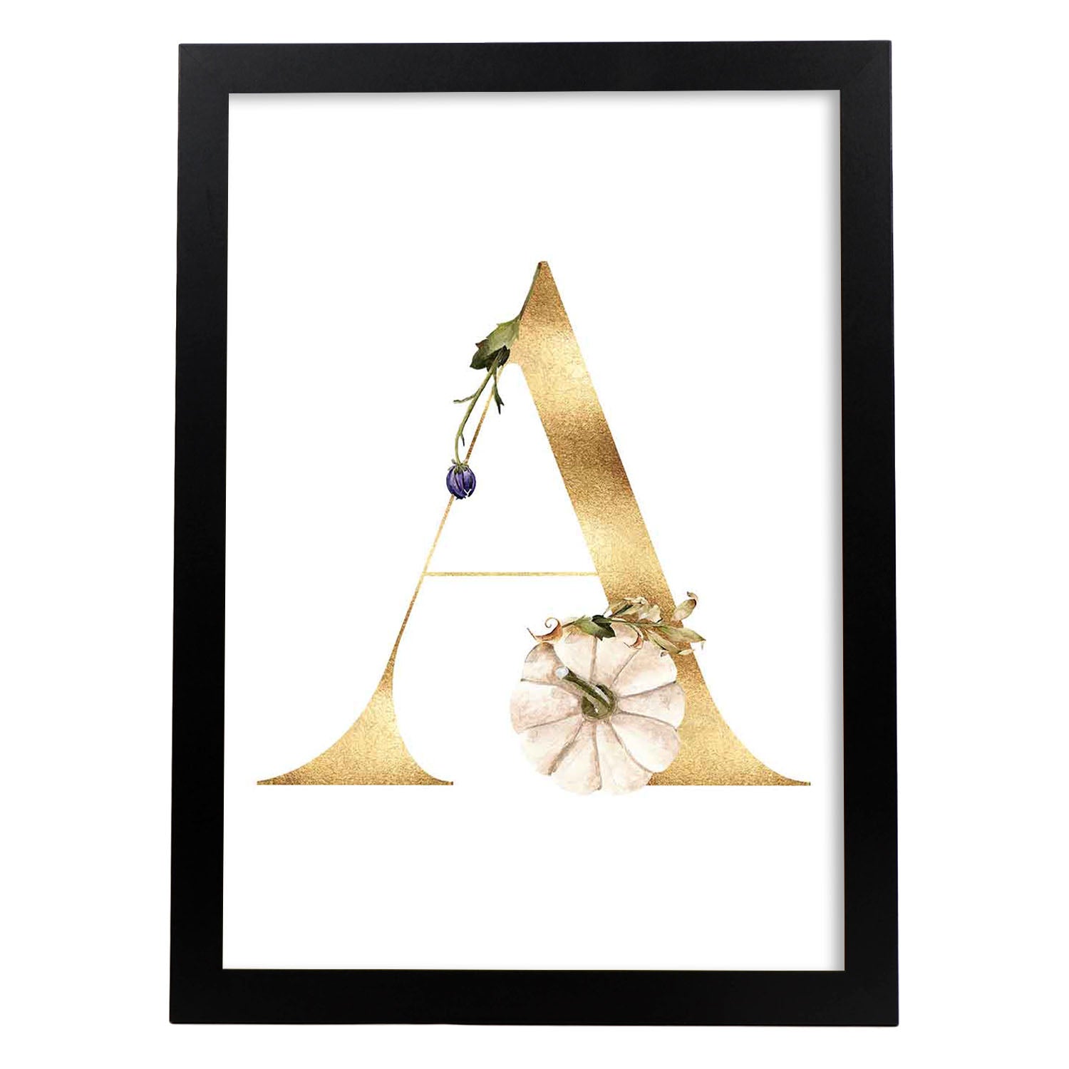 Poster de letra A. Lámina estilo Dorado Floral con imágenes del alfabeto.-Artwork-Nacnic-A3-Marco Negro-Nacnic Estudio SL