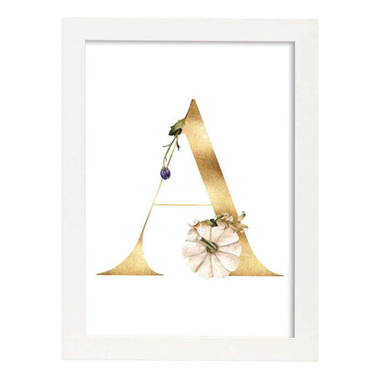 Poster de letra A. Lámina estilo Dorado Floral con imágenes del alfabeto.-Artwork-Nacnic-A4-Marco Blanco-Nacnic Estudio SL