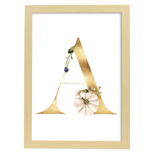 Poster de letra A. Lámina estilo Dorado Floral con imágenes del alfabeto.-Artwork-Nacnic-A4-Marco Madera clara-Nacnic Estudio SL