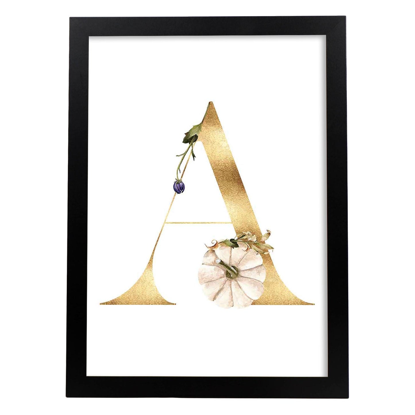 Poster de letra A. Lámina estilo Dorado Floral con imágenes del alfabeto.-Artwork-Nacnic-A4-Marco Negro-Nacnic Estudio SL