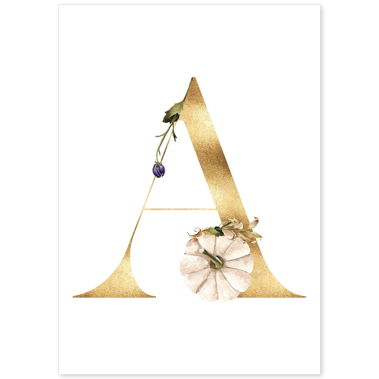 Poster de letra A. Lámina estilo Dorado Floral con imágenes del alfabeto.-Artwork-Nacnic-A4-Sin marco-Nacnic Estudio SL
