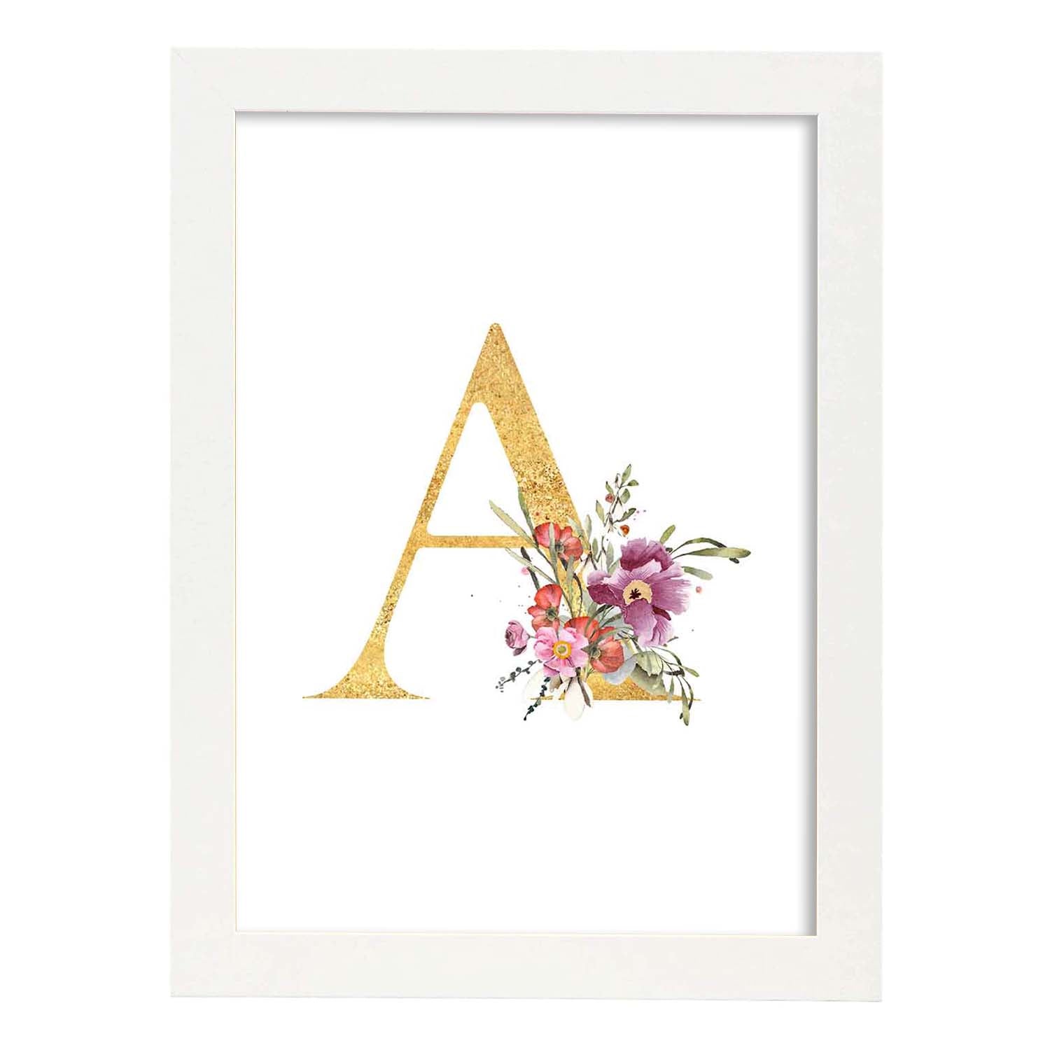 Poster de letra A. Lámina estilo Dorado Rosa con imágenes del alfabeto.-Artwork-Nacnic-A3-Marco Blanco-Nacnic Estudio SL