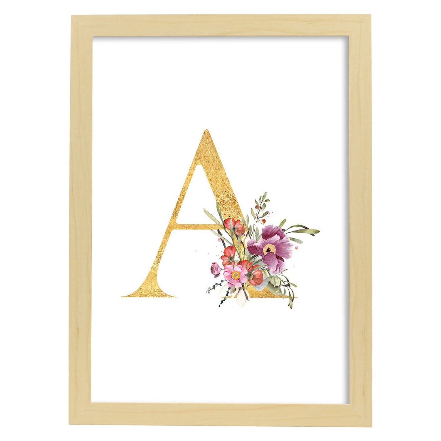 Poster de letra A. Lámina estilo Dorado Rosa con imágenes del alfabeto.-Artwork-Nacnic-A3-Marco Madera clara-Nacnic Estudio SL