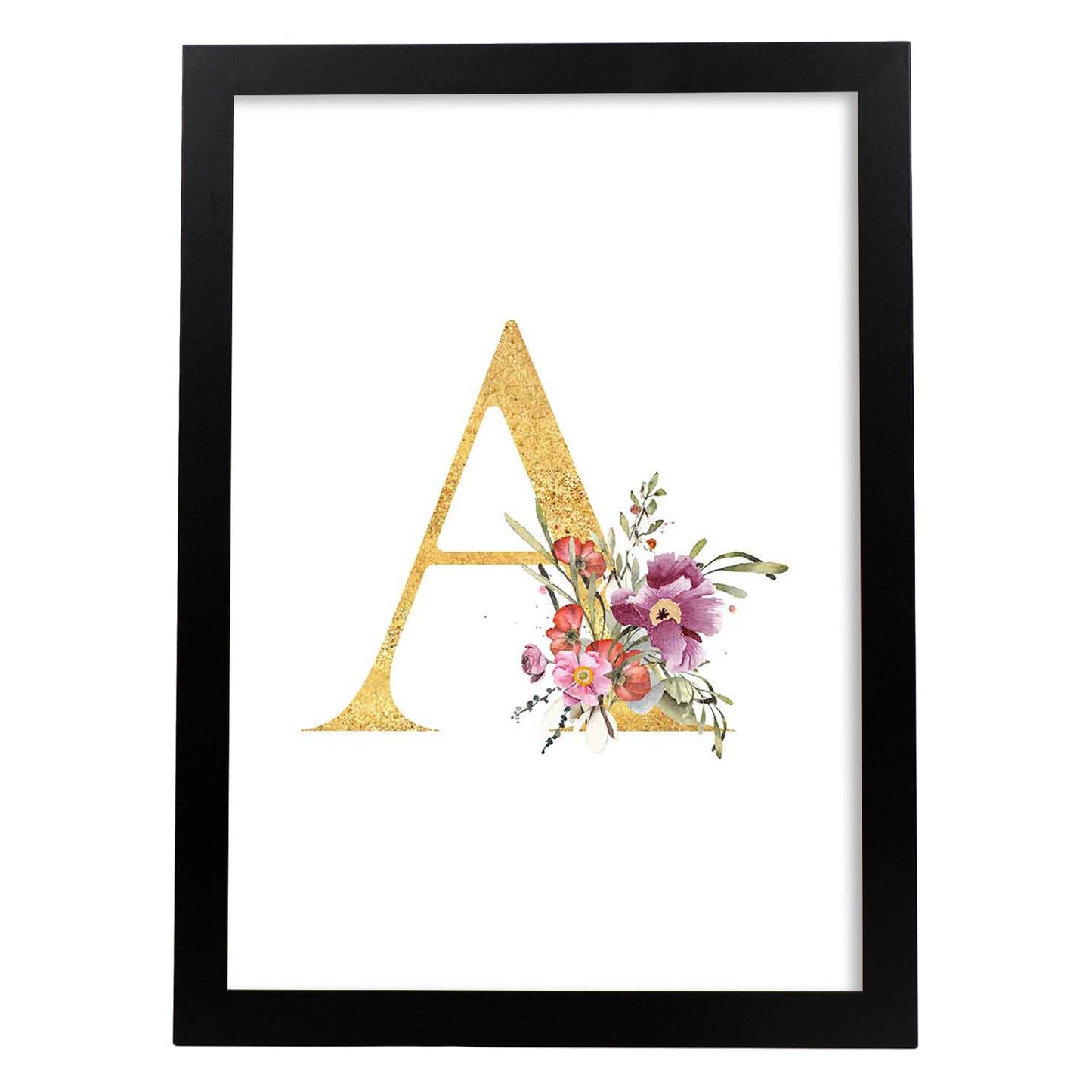 Poster de letra A. Lámina estilo Dorado Rosa con imágenes del alfabeto.-Artwork-Nacnic-A3-Marco Negro-Nacnic Estudio SL