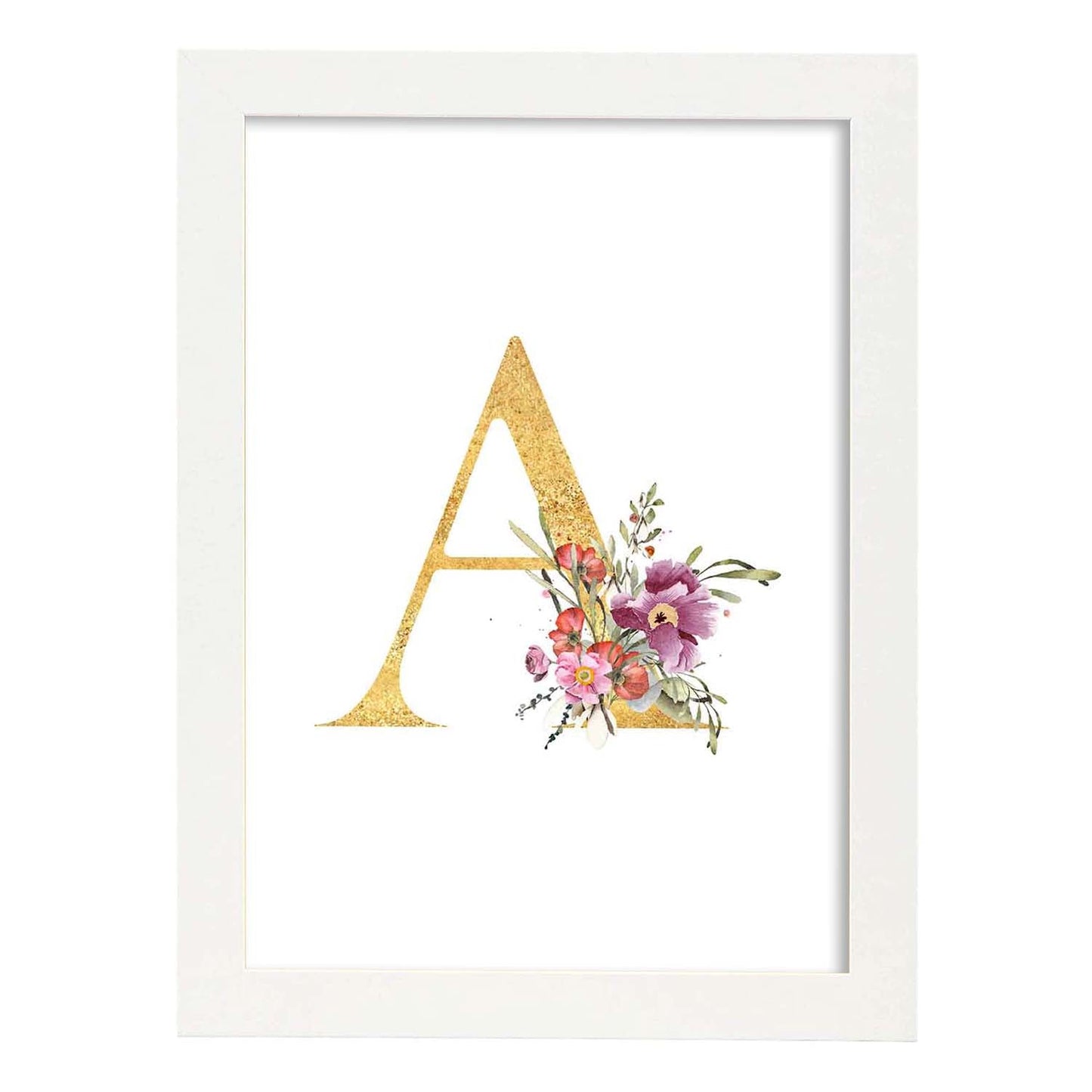 Poster de letra A. Lámina estilo Dorado Rosa con imágenes del alfabeto.-Artwork-Nacnic-A4-Marco Blanco-Nacnic Estudio SL