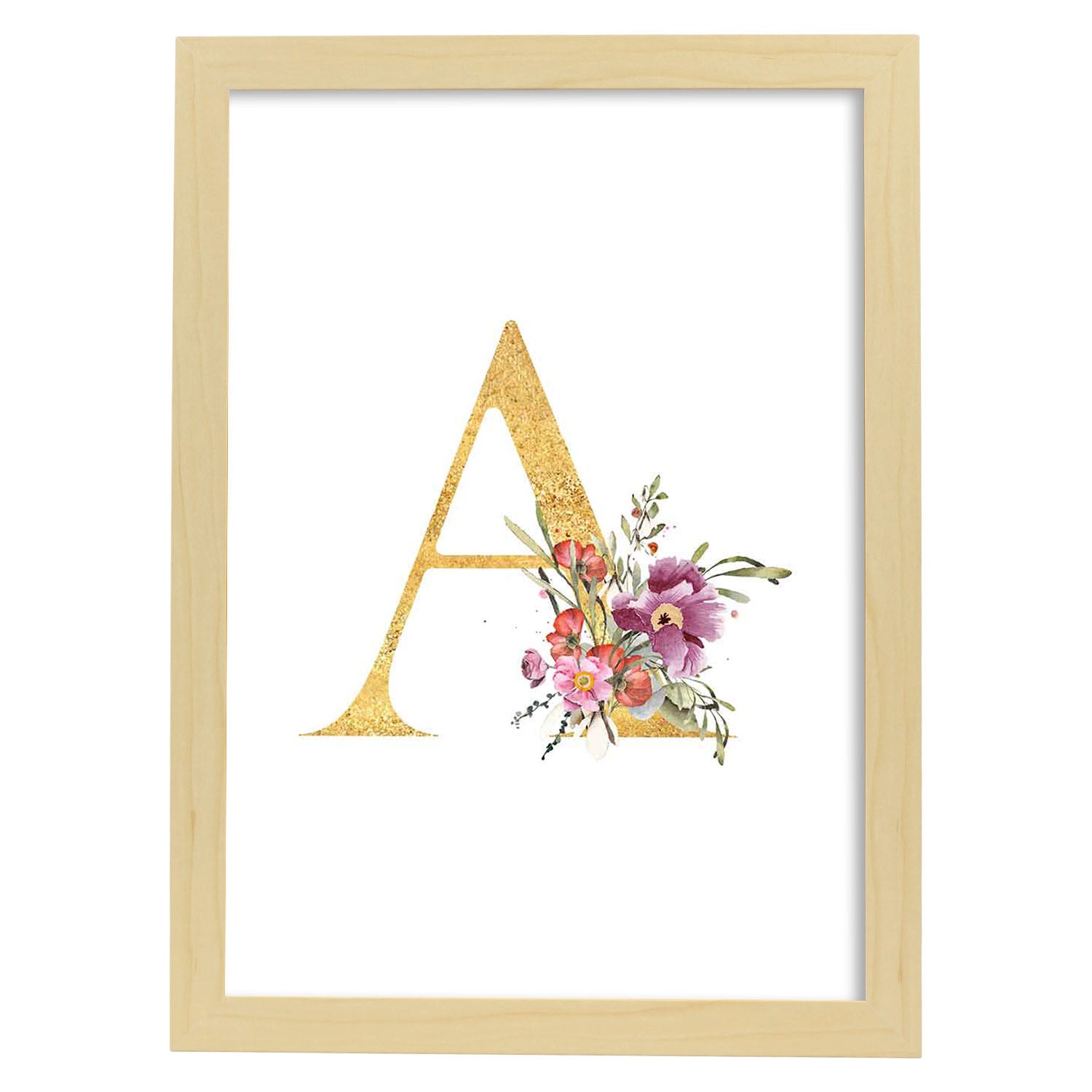 Poster de letra A. Lámina estilo Dorado Rosa con imágenes del alfabeto.-Artwork-Nacnic-A4-Marco Madera clara-Nacnic Estudio SL