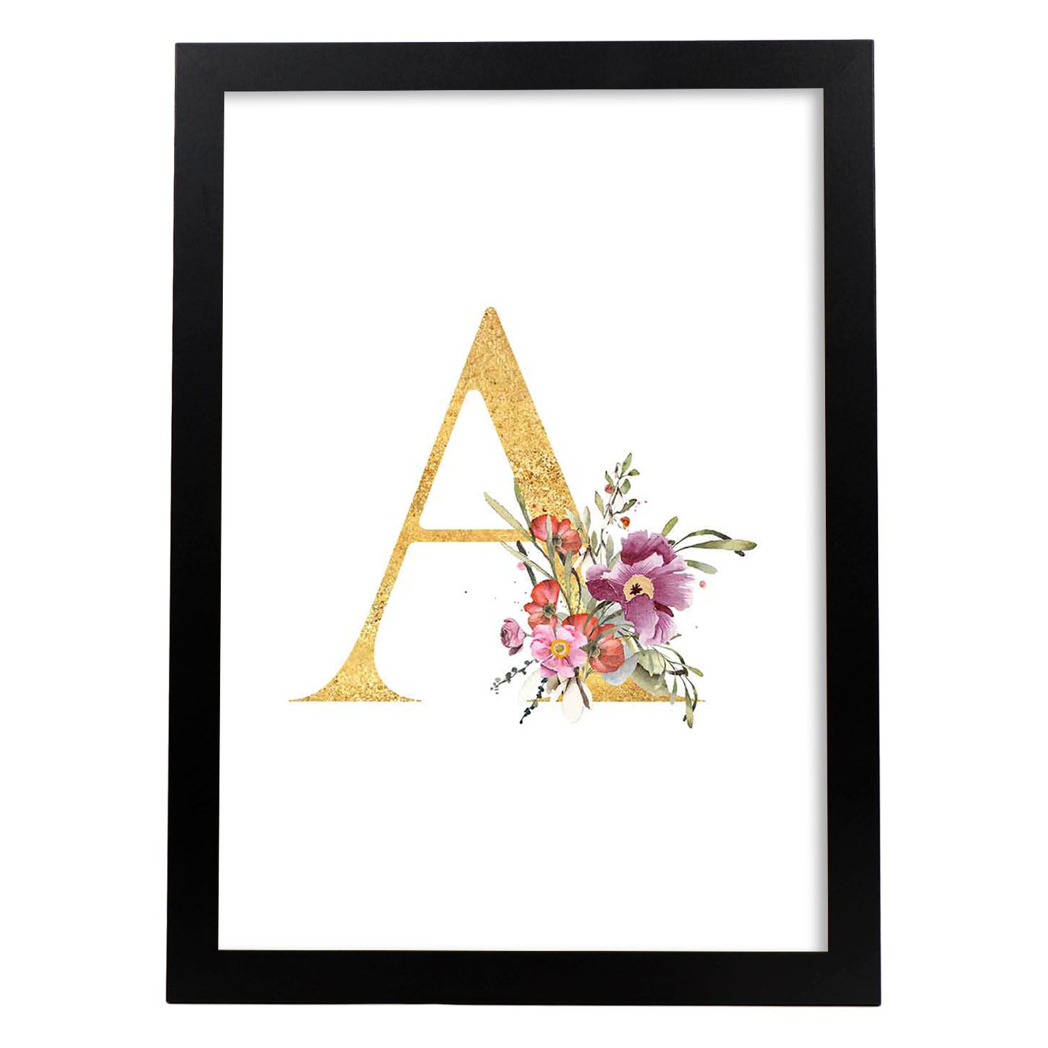 Poster de letra A. Lámina estilo Dorado Rosa con imágenes del alfabeto.-Artwork-Nacnic-A4-Marco Negro-Nacnic Estudio SL