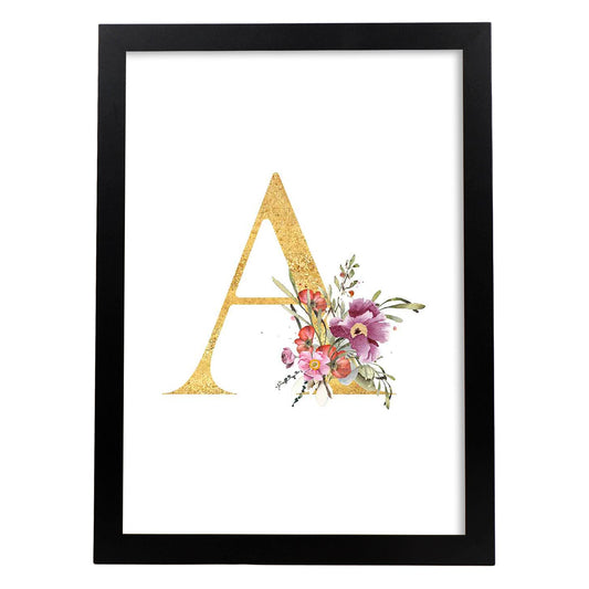 Poster de letra A. Lámina estilo Dorado Rosa con imágenes del alfabeto.-Artwork-Nacnic-A4-Marco Negro-Nacnic Estudio SL
