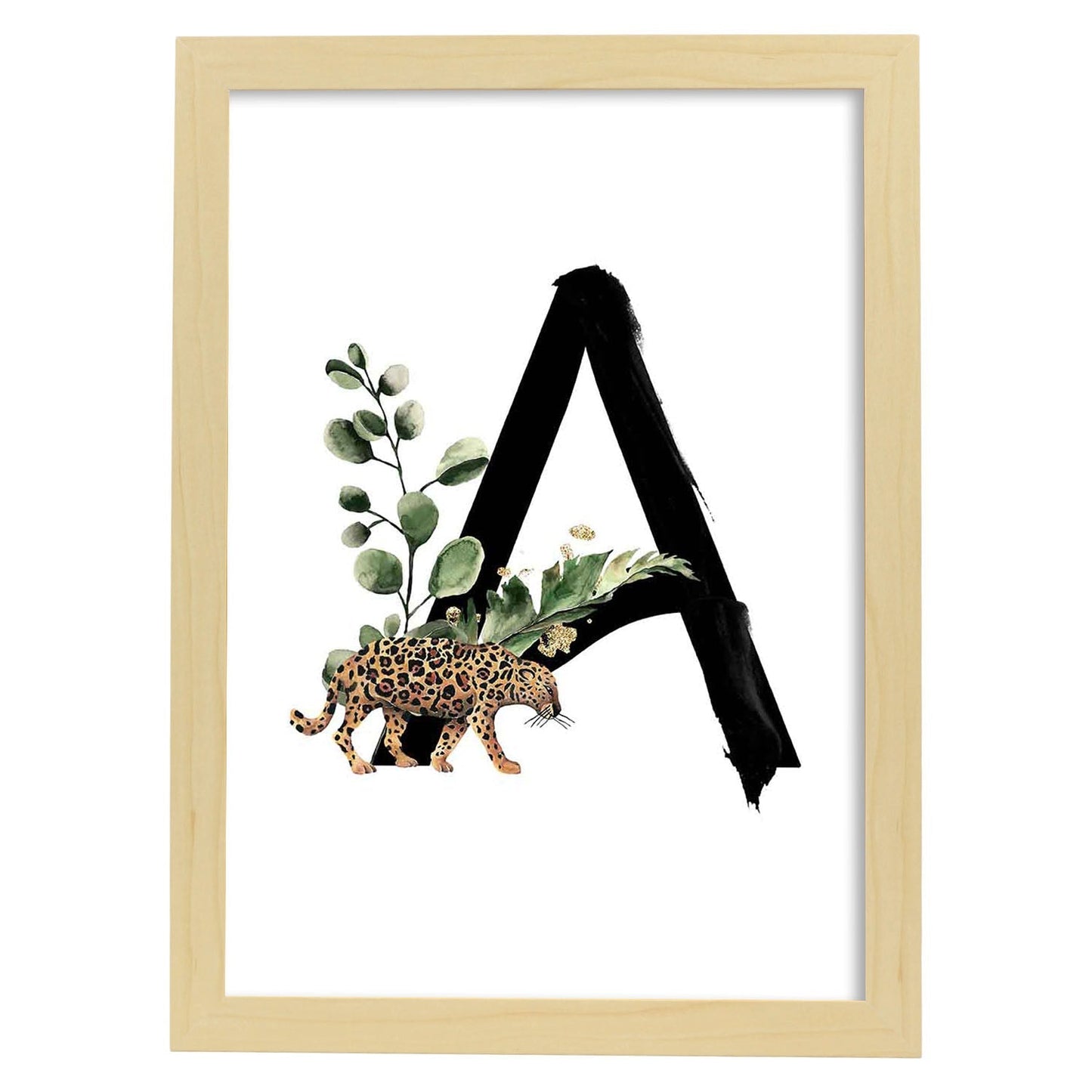 Poster de letra A. Lámina estilo Jungla Negra con imágenes del alfabeto.-Artwork-Nacnic-A3-Marco Madera clara-Nacnic Estudio SL