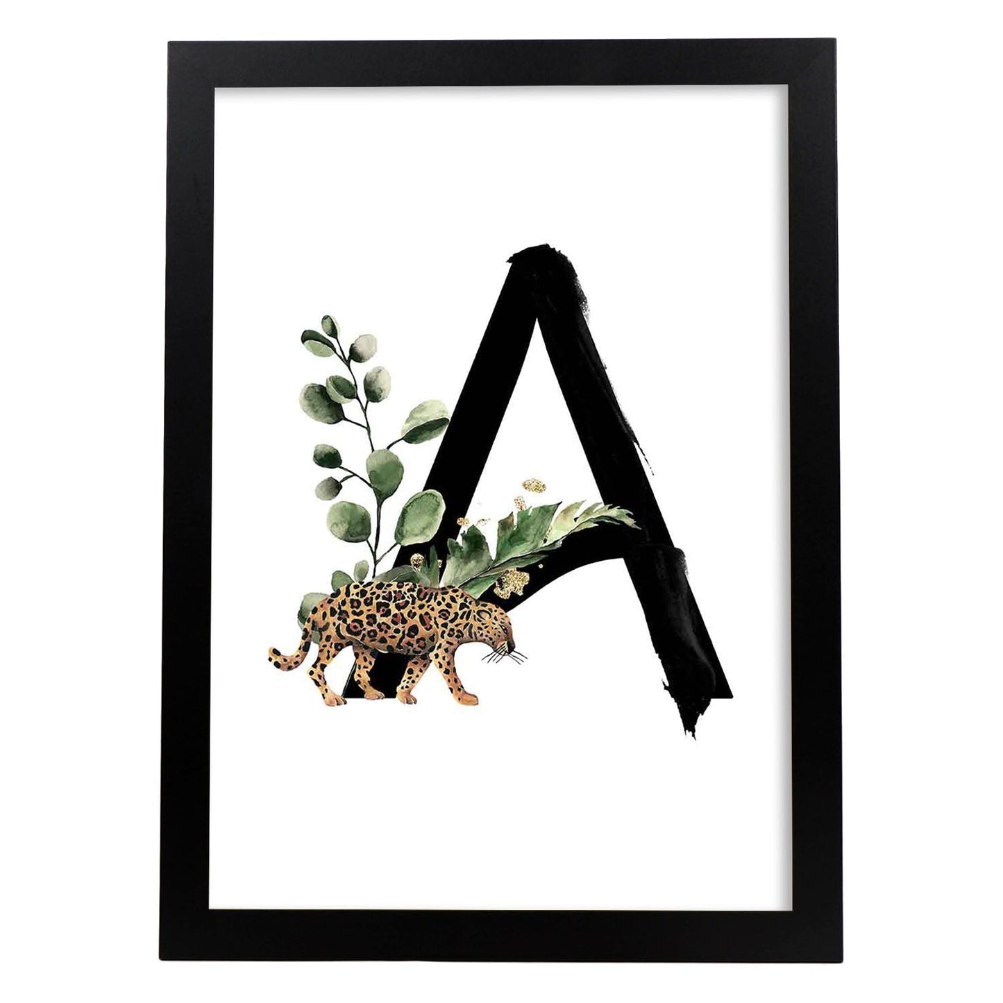 Poster de letra A. Lámina estilo Jungla Negra con imágenes del alfabeto.-Artwork-Nacnic-A3-Marco Negro-Nacnic Estudio SL