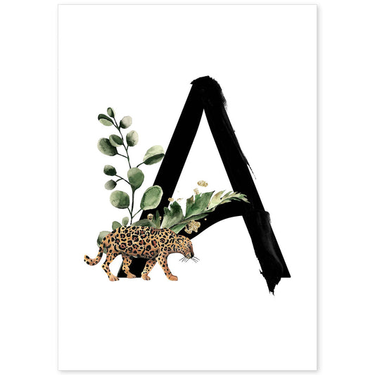 Poster de letra A. Lámina estilo Jungla Negra con imágenes del alfabeto.-Artwork-Nacnic-A4-Sin marco-Nacnic Estudio SL