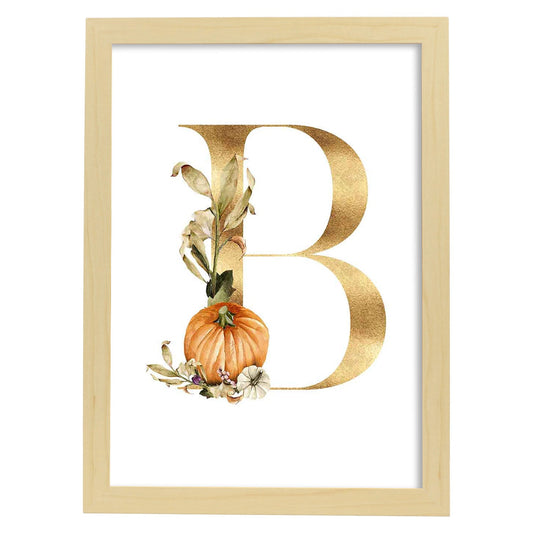 Poster de letra B. Lámina estilo Dorado Floral con imágenes del alfabeto.-Artwork-Nacnic-A3-Marco Madera clara-Nacnic Estudio SL