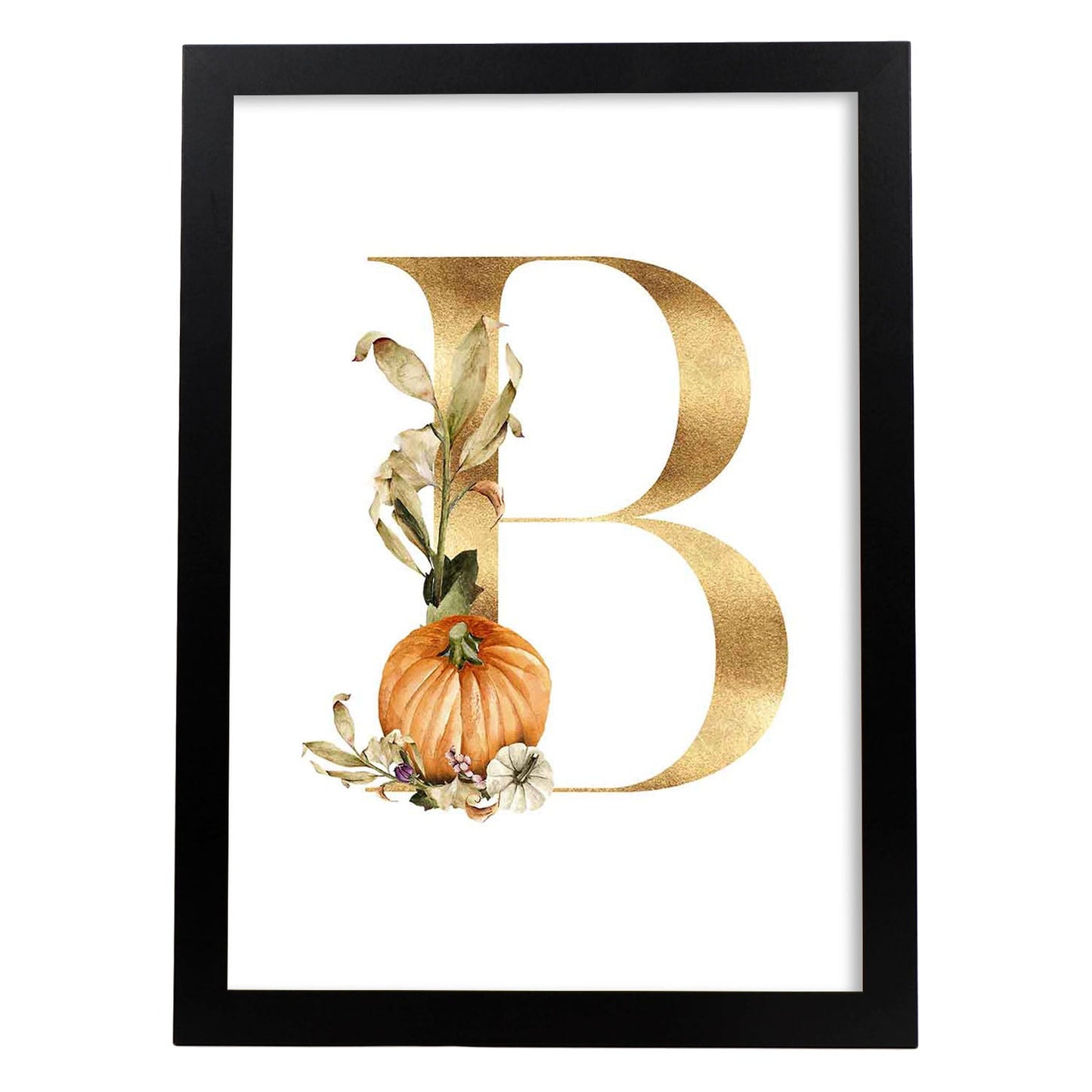 Poster de letra B. Lámina estilo Dorado Floral con imágenes del alfabeto.-Artwork-Nacnic-A3-Marco Negro-Nacnic Estudio SL