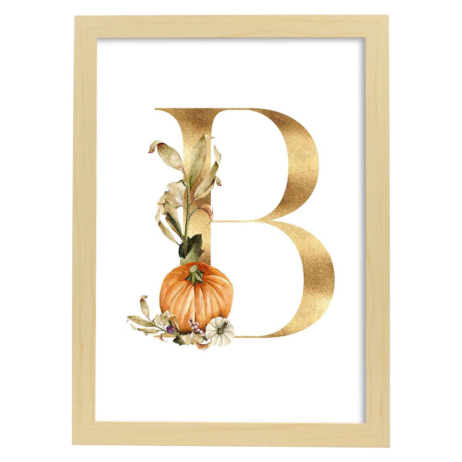Poster de letra B. Lámina estilo Dorado Floral con imágenes del alfabeto.-Artwork-Nacnic-A4-Marco Madera clara-Nacnic Estudio SL