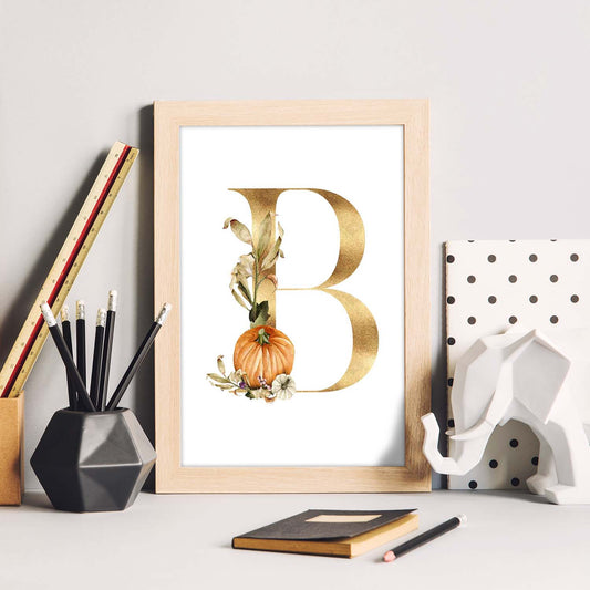 Poster de letra B. Lámina estilo Dorado Floral con imágenes del alfabeto.-Artwork-Nacnic-Nacnic Estudio SL
