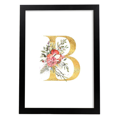 Poster de letra B. Lámina estilo Dorado Rosa con imágenes del alfabeto.-Artwork-Nacnic-A4-Marco Negro-Nacnic Estudio SL