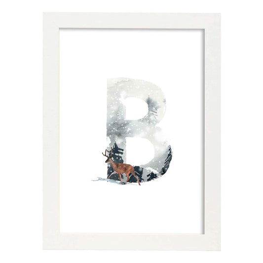 Poster de letra B. Lámina estilo Invierno con imágenes del alfabeto.-Artwork-Nacnic-A4-Marco Blanco-Nacnic Estudio SL