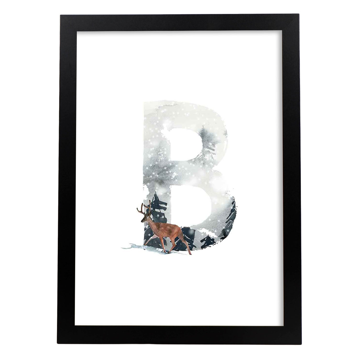 Poster de letra B. Lámina estilo Invierno con imágenes del alfabeto.-Artwork-Nacnic-A4-Marco Negro-Nacnic Estudio SL