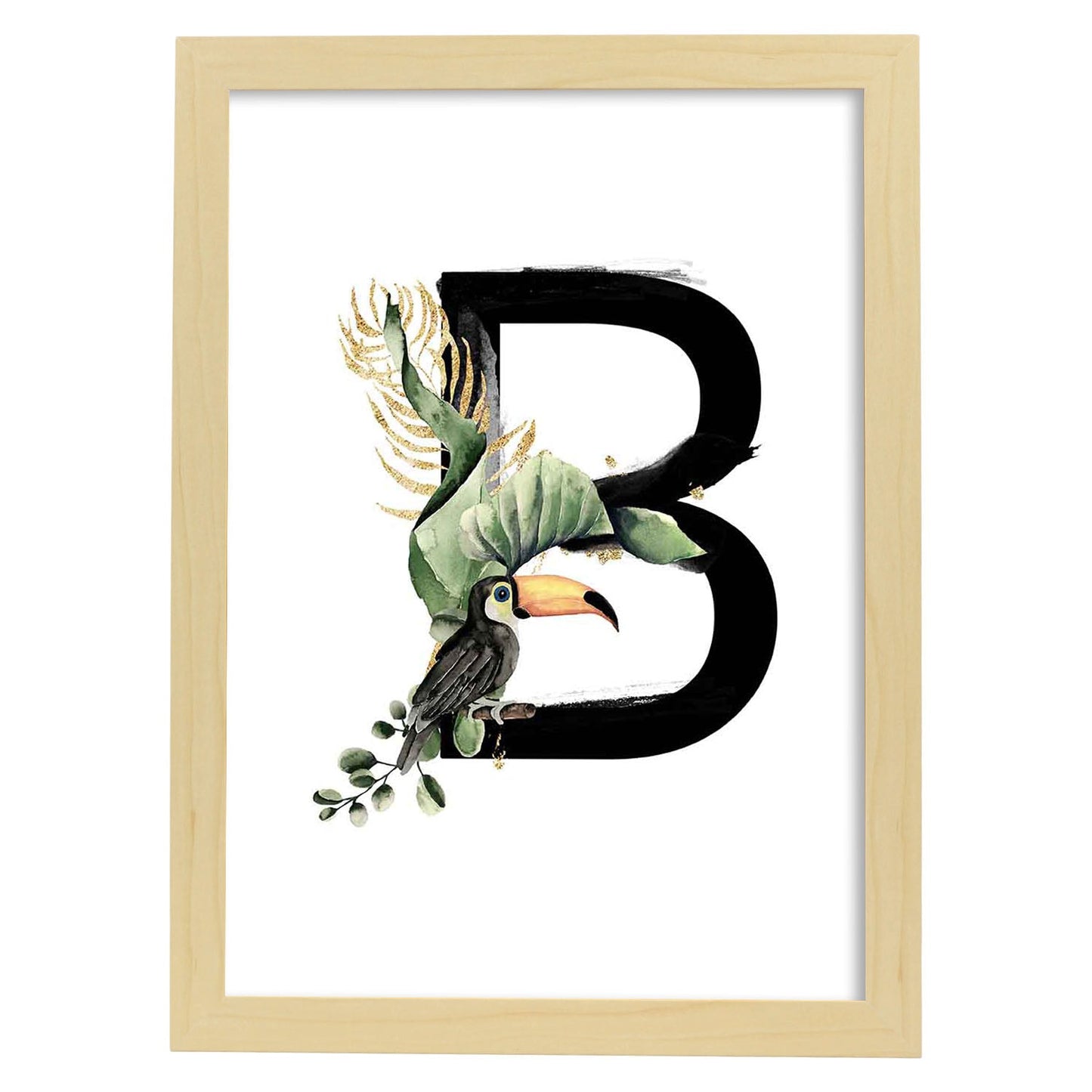 Poster de letra B. Lámina estilo Jungla Negra con imágenes del alfabeto.-Artwork-Nacnic-A3-Marco Madera clara-Nacnic Estudio SL