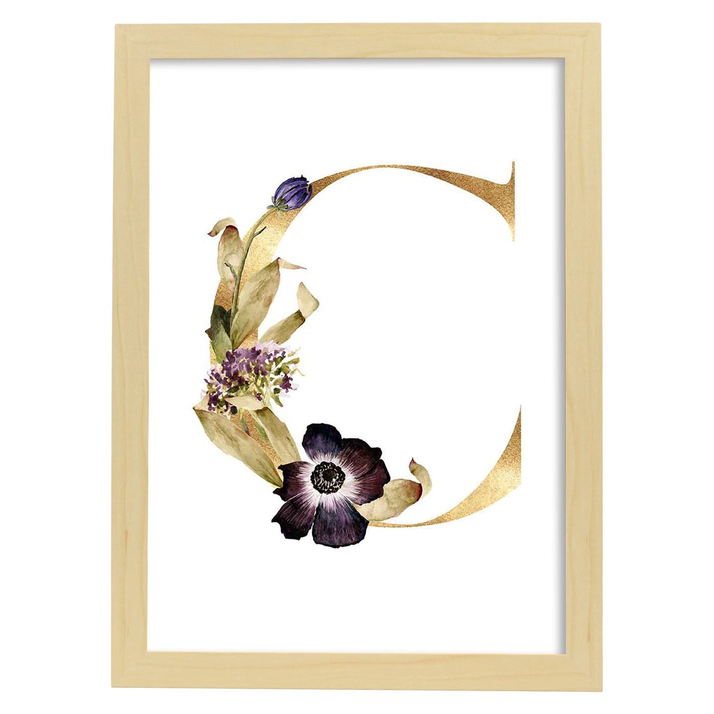 Poster de letra C. Lámina estilo Dorado Floral con imágenes del alfabeto.-Artwork-Nacnic-A3-Marco Madera clara-Nacnic Estudio SL