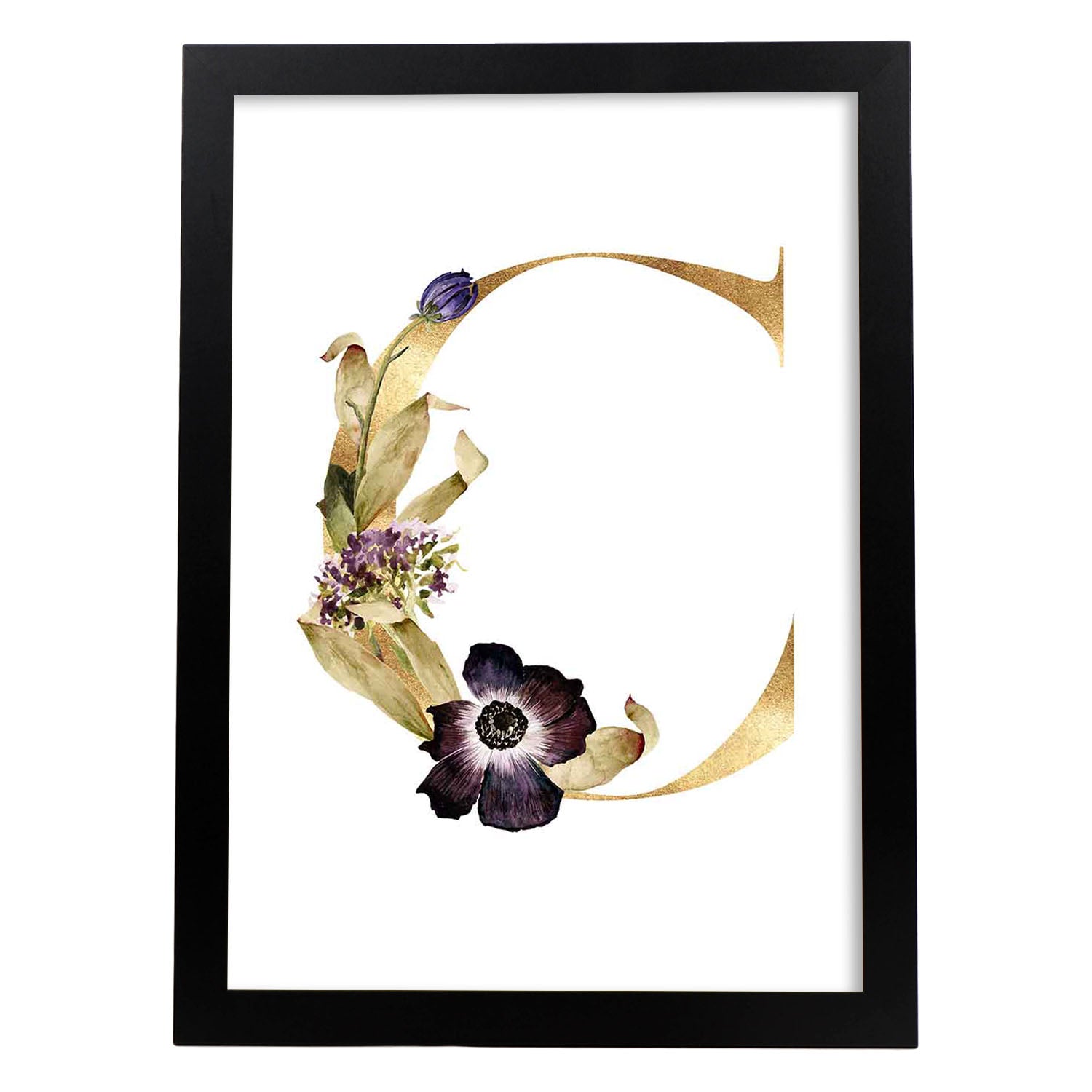 Poster de letra C. Lámina estilo Dorado Floral con imágenes del alfabeto.-Artwork-Nacnic-A3-Marco Negro-Nacnic Estudio SL