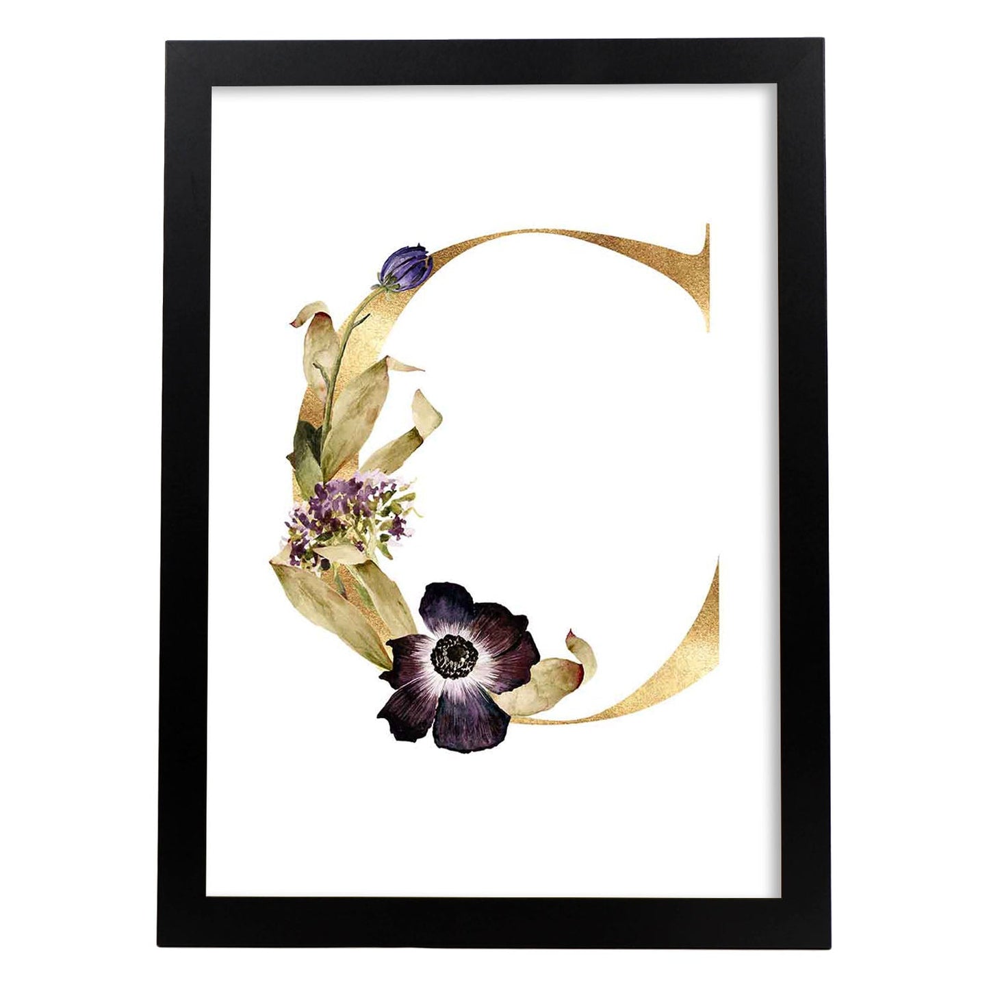 Poster de letra C. Lámina estilo Dorado Floral con imágenes del alfabeto.-Artwork-Nacnic-A4-Marco Negro-Nacnic Estudio SL