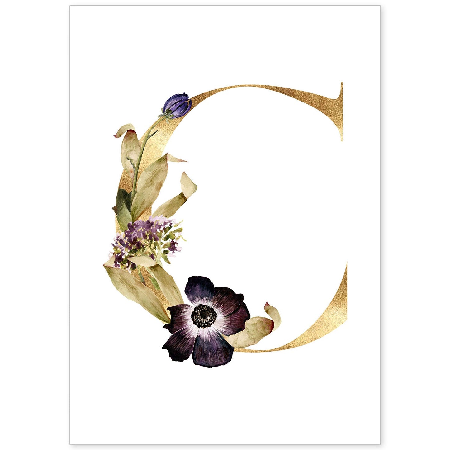 Poster de letra C. Lámina estilo Dorado Floral con imágenes del alfabeto.-Artwork-Nacnic-A4-Sin marco-Nacnic Estudio SL