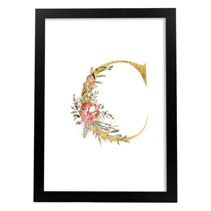 Poster de letra C. Lámina estilo Dorado Rosa con imágenes del alfabeto.-Artwork-Nacnic-A4-Marco Negro-Nacnic Estudio SL