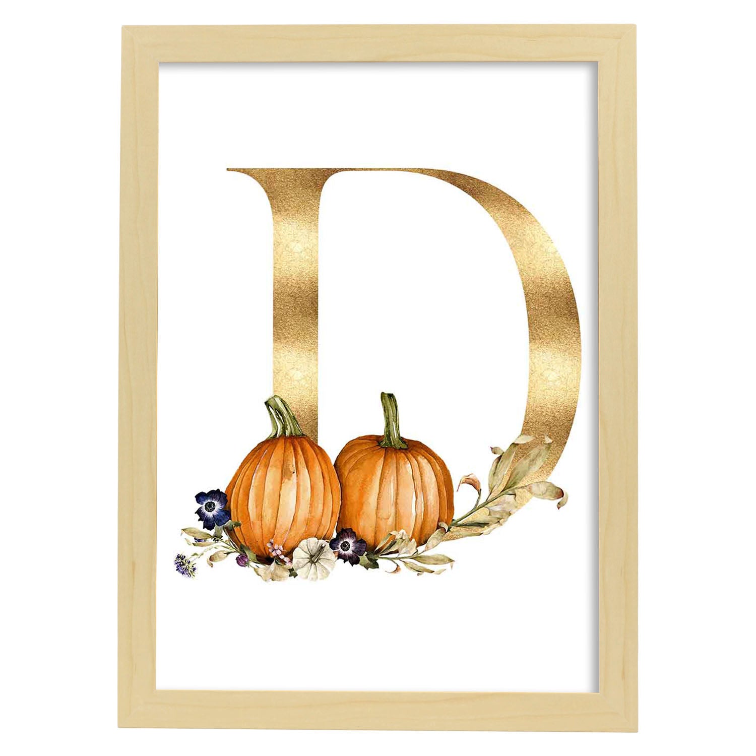 Poster de letra D. Lámina estilo Dorado Floral con imágenes del alfabeto.-Artwork-Nacnic-A3-Marco Madera clara-Nacnic Estudio SL