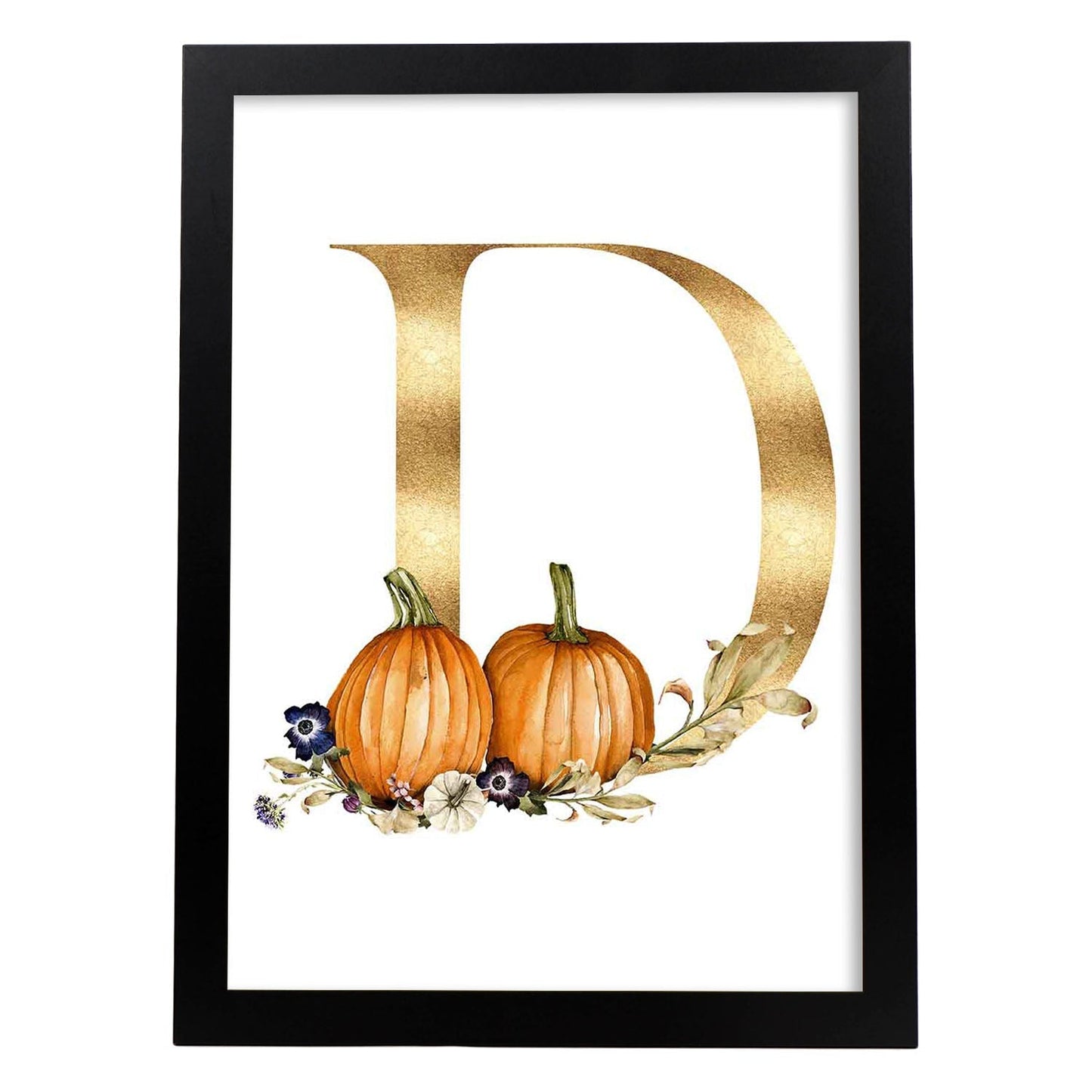 Poster de letra D. Lámina estilo Dorado Floral con imágenes del alfabeto.-Artwork-Nacnic-A3-Marco Negro-Nacnic Estudio SL