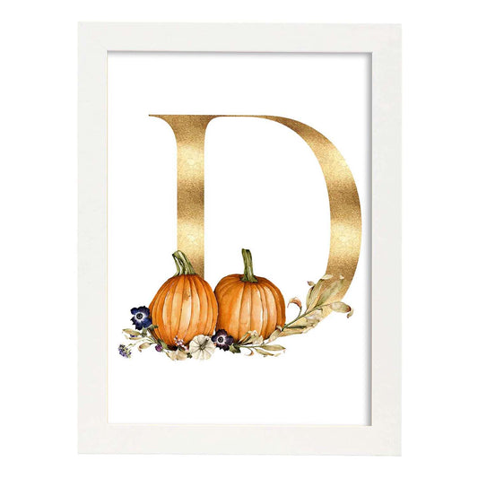 Poster de letra D. Lámina estilo Dorado Floral con imágenes del alfabeto.-Artwork-Nacnic-A4-Marco Blanco-Nacnic Estudio SL