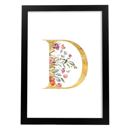 Poster de letra D. Lámina estilo Dorado Rosa con imágenes del alfabeto.-Artwork-Nacnic-A4-Marco Negro-Nacnic Estudio SL