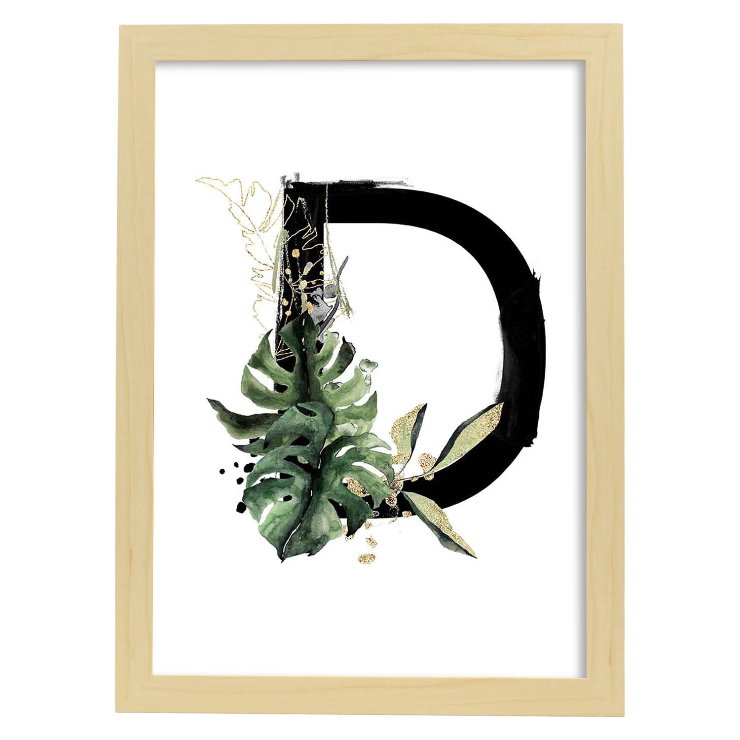 Poster de letra D. Lámina estilo Jungla Negra con imágenes del alfabeto.-Artwork-Nacnic-A3-Marco Madera clara-Nacnic Estudio SL