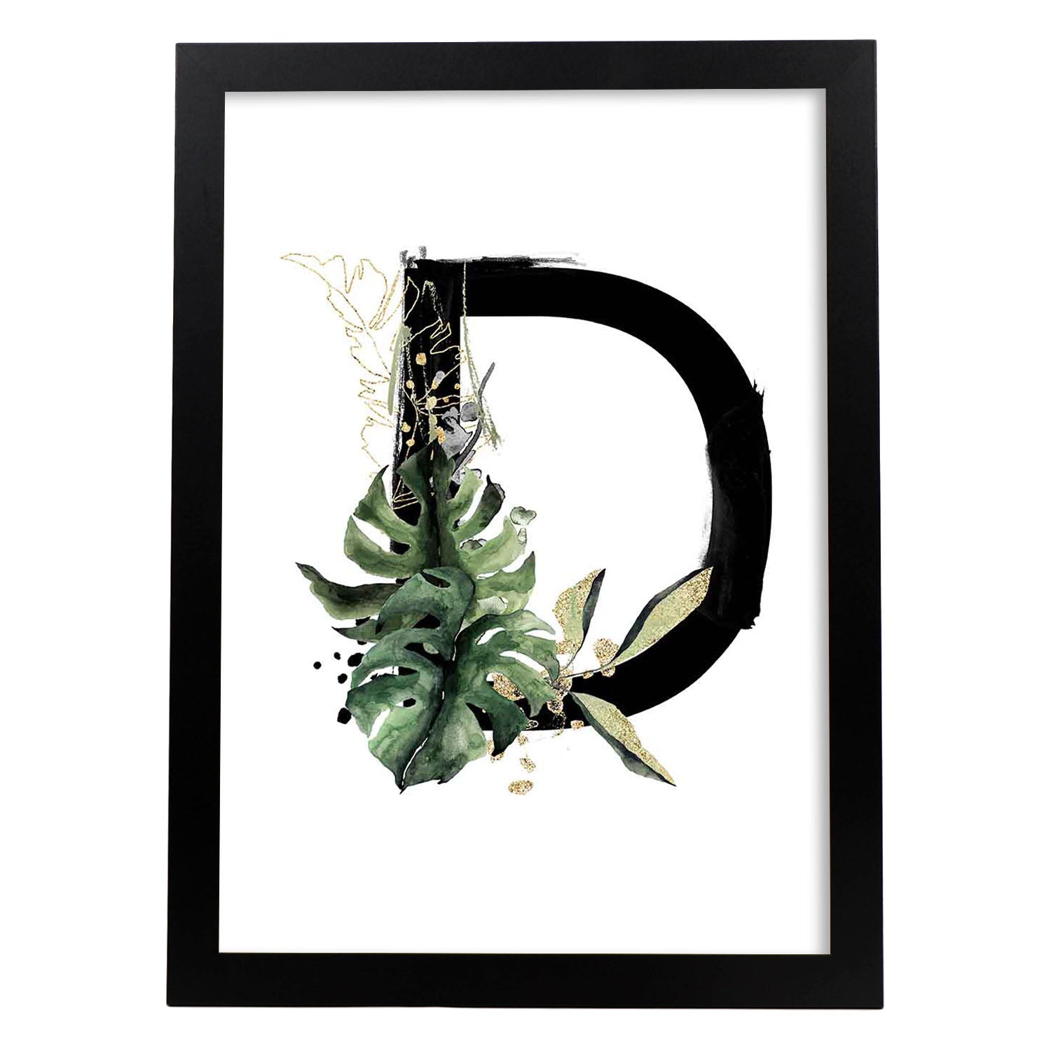 Poster de letra D. Lámina estilo Jungla Negra con imágenes del alfabeto.-Artwork-Nacnic-A4-Marco Negro-Nacnic Estudio SL