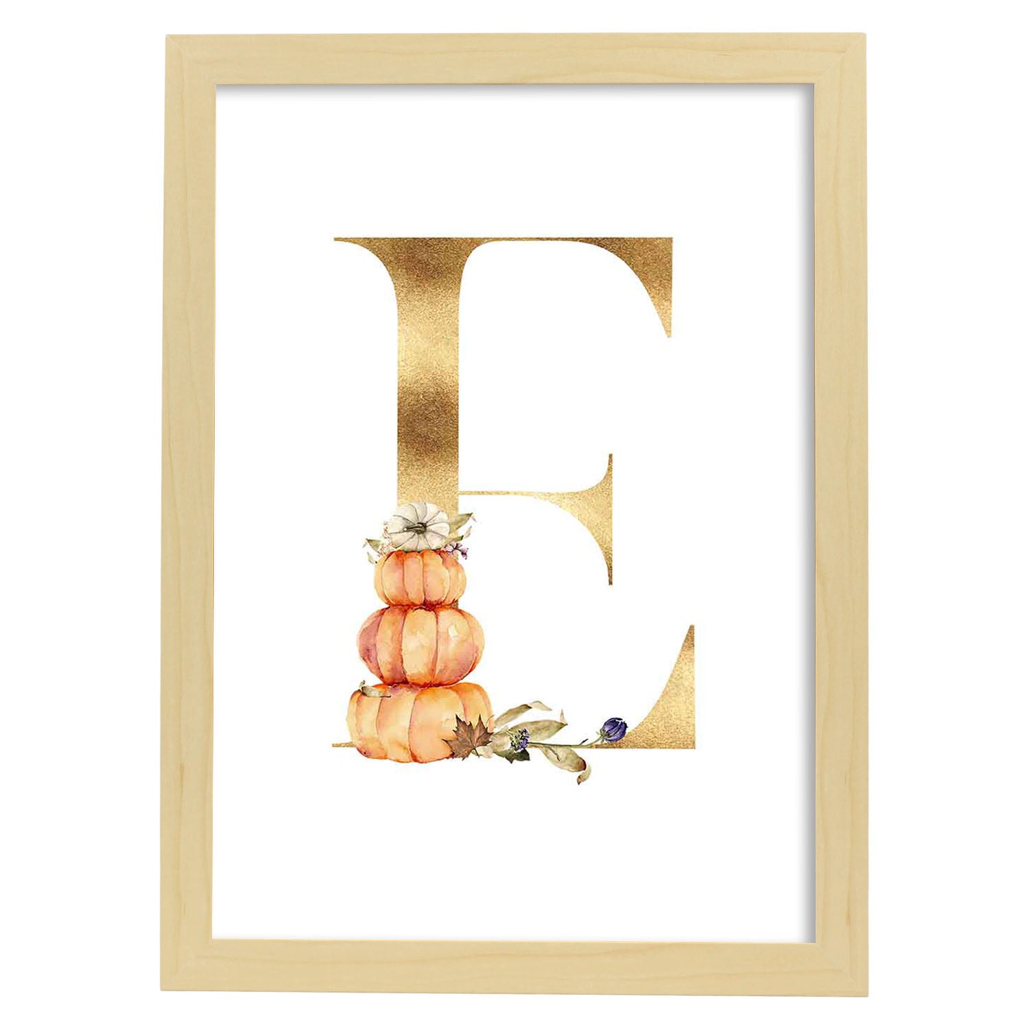 Poster de letra E. Lámina estilo Dorado Floral con imágenes del alfabeto.-Artwork-Nacnic-A3-Marco Madera clara-Nacnic Estudio SL