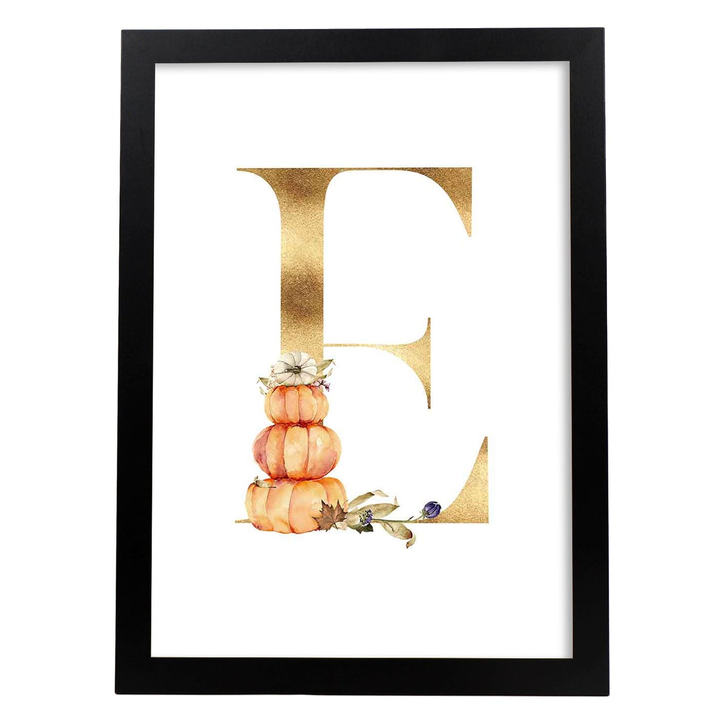 Poster de letra E. Lámina estilo Dorado Floral con imágenes del alfabeto.-Artwork-Nacnic-A3-Marco Negro-Nacnic Estudio SL