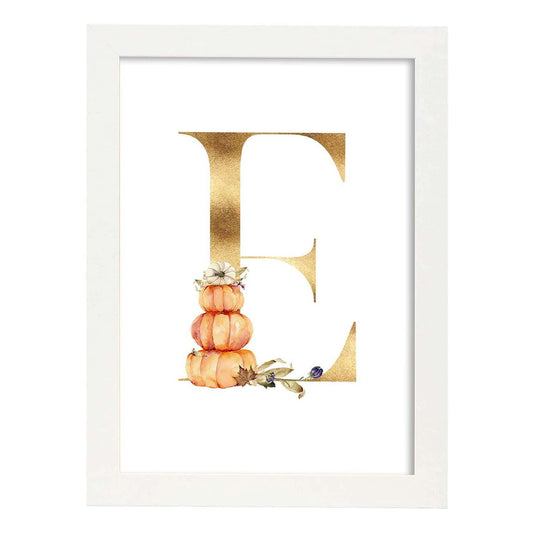 Poster de letra E. Lámina estilo Dorado Floral con imágenes del alfabeto.-Artwork-Nacnic-A4-Marco Blanco-Nacnic Estudio SL