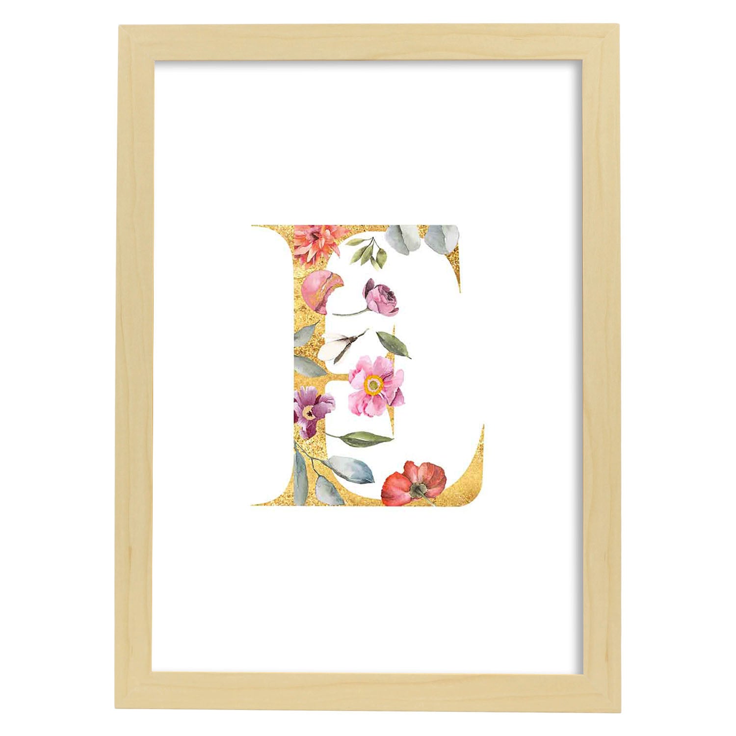 Poster de letra E. Lámina estilo Dorado Rosa con imágenes del alfabeto.-Artwork-Nacnic-A3-Marco Madera clara-Nacnic Estudio SL